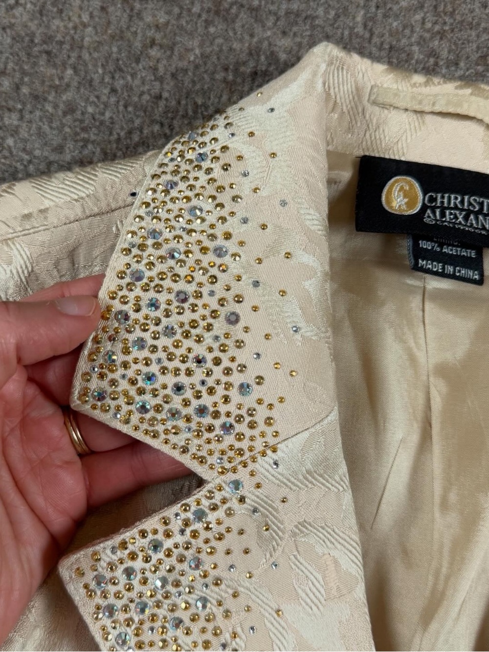 Christine Alexander Jacquard Beige Mid Length Coat Women’s L Swarovski Crystals - Picture 5 of 12